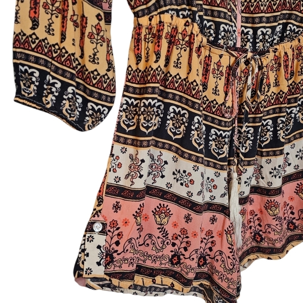 American Rag Long Sleeve Romper Boho Pink Peach Floral Print Festival Sz Medium - Picture 3 of 10